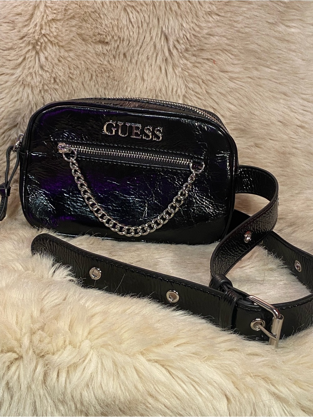 GUESS Black Patent Leather Crossbody with Silver Chain